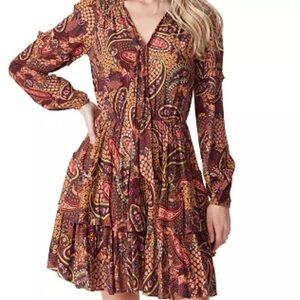Jessica Simpson Paisley Print Long Sleeve Dress elastic waist Slits. XL